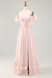 Off The Shoulder Blush Ruffled A Line brudepige kjole med slids