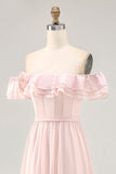 Off The Shoulder Blush Ruffled A Line brudepige kjole med slids