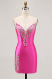 Fuchsia Stropløs Beaded Bodycon Homecoming Kjole med Slids