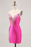 Fuchsia Stropløs Beaded Bodycon Homecoming Kjole med Slids