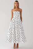 Hvid Stropløs A Line Sort Polka Dots Kjole