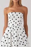Hvid Stropløs A Line Sort Polka Dots Kjole