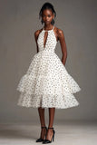 Hvid A Line Halter Udskåret Sort Polka Dot Kjole