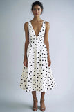 Hvid A Line V-hals Sort Polka Dots Kjole