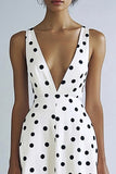 Hvid A Line V-hals Sort Polka Dots Kjole