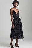 Sort V-hals Spaghetti stropper A Line Hvid Polka Dots Kjole