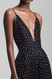 Sort V-hals Spaghetti stropper A Line Hvid Polka Dots Kjole