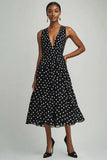 En linje Chiffon V-hals Sort Hvid Polka Dots Kjole