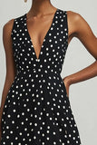 En linje Chiffon V-hals Sort Hvid Polka Dots Kjole