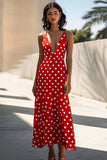 Rød Spaghetti Stropper V-hals A Line Hvid Polka Dots Kjole