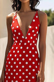 Rød Spaghetti Stropper V-hals A Line Hvid Polka Dots Kjole