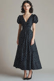 En linje Satin Sort Hvid Polka Dots Kjole med pufærmer