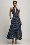 Navy A-linje Halter Hvid Polka Dots Kjole med Slids