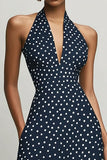Navy A-linje Halter Hvid Polka Dots Kjole med Slids