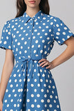 Blå A Line Hvid Polka Dots Kjole med korte ærmer