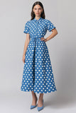 Blå A Line Hvid Polka Dots Kjole med korte ærmer
