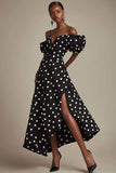 Sort A Line Off The Shoulder Hvid Polka Dots Kjole med Slids
