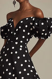Sort A Line Off The Shoulder Hvid Polka Dots Kjole med Slids