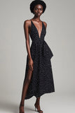 Sort dyb V-hals Midi Hvid Polka Dots Sommer Cocktail Kjole med Slids