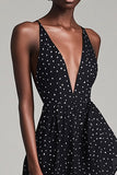 Sort dyb V-hals Midi Hvid Polka Dots Sommer Cocktail Kjole med Slids