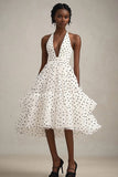 Halter A-linje Flæse Hvid Sort Polka Dots Kjole