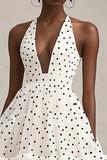 Halter A-linje Flæse Hvid Sort Polka Dots Kjole