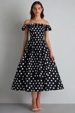 Off The Shoulder A Line Sort Hvid Polka Dots Kjole