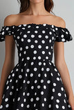 Off The Shoulder A Line Sort Hvid Polka Dots Kjole