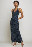 Halter Navy Skede Lang Hvid Polka Dots Kjole