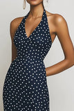 Halter Navy Skede Lang Hvid Polka Dots Kjole