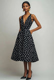 Sort Hvid V-hals A Line Polka Dots Kjole