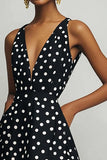 Sort Hvid V-hals A Line Polka Dots Kjole