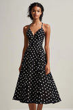 Sort Hvid Spaghetti Stropper A-linje Polka Dots Kjole