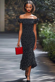 Havfrue Off The Shoulder Sort Hvid Polka Dot Kjole