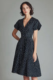 A Line V-hals Sort Hvid Polka Dots Kjole med korte ærmer