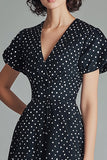 A Line V-hals Sort Hvid Polka Dots Kjole med korte ærmer