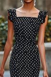 Havfrue Sort Hvid Polka Dots Kjole med Flæser