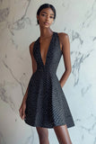 A Line Halter V-hals Mini Sort Hvid Polka Dots Kjole