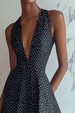 A Line Halter V-hals Mini Sort Hvid Polka Dots Kjole