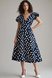 Navy Hvid A Line Polka Dots Kjole med Pufærmer