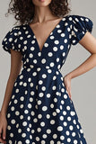 Navy Hvid A Line Polka Dots Kjole med Pufærmer