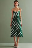 Grøn Hvid Spaghetti Stropper A Line Midi Polka Dots Kjole