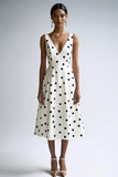 A Line V-hals Midi Hvid Sort Polka Dots Kjole