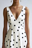 A Line V-hals Midi Hvid Sort Polka Dots Kjole