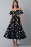 Off The Shoulder Flæsede Sort Hvid Polka Dots Kjole
