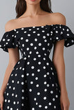 Off The Shoulder Flæsede Sort Hvid Polka Dots Kjole