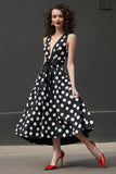 Sort Hvid A Line V-hals Polka Dots Kjole