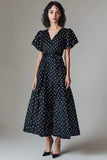 Sort Hvid A Line V-hals Lang Polka Dots Kjole