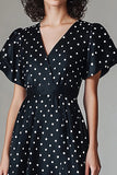 Sort Hvid A Line V-hals Lang Polka Dots Kjole