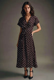 En linje Chiffon Kaffe Hvid Polka Dots Kjole med korte ærmer